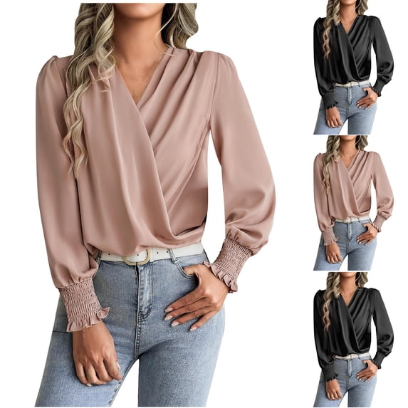 Stylish Olyvenn Women's Chiffon Draped Wrap V Neck Ruched Blouse Dressy Summer Casual Loose Elegant Shirred Cuff Long Sleeve Shirts Top Black XL
