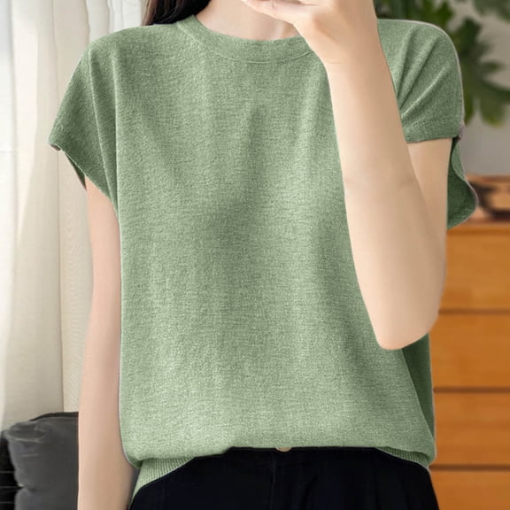 Stylish Olyvenn Women's Cotton Knit T-Shirt Crewneck Solid Color Summer Fashion Breathable Short Sleeve Loose Pullover Casual Tops Green XXL