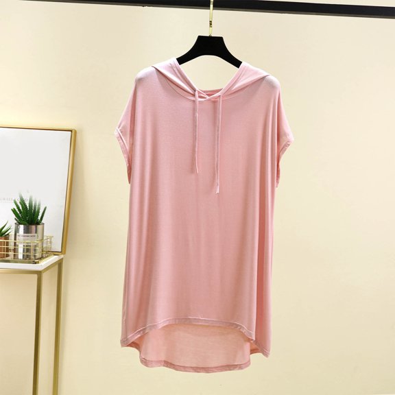 Stylish Olyvenn Women's Fashion Hooded T Shirts Casual Loose Summer Tops Cap Sleeve High Low Tees Lightweight Breathable Lounge Tops Pink L