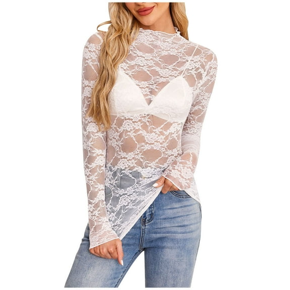 Stylish Olyvenn Women's Mesh Top Long Sleeve High Neck Sheer Blouse Summer Tops Fall Fashion See Through Floral Lace Tops White L