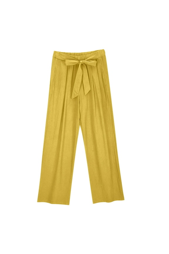 Stylish Olyvenn Women's Palazzo Pants Summer Lightweight High Waist Lace Up Pants Trendy Loose Casual Flowy Trousers with Pockets Yellow L