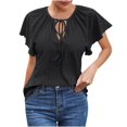 thumbnail image 1 of Stylish Olyvenn Women's Round Neck Lace Up T Shirt Peplum Flounce Short Sleeve Eyelet Tops Summer Casual Cut Out Solid Color Blouse Black S, 1 of 7