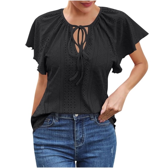 Stylish Olyvenn Women's Round Neck Lace Up T Shirt Peplum Flounce Short Sleeve Eyelet Tops Summer Casual Cut Out Solid Color Blouse Black S