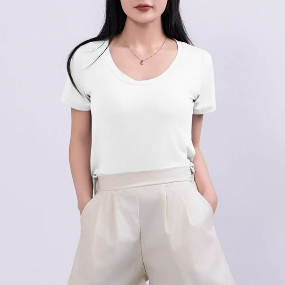 Stylish Olyvenn Women's Short Sleeve Cotton Scoop Neck Tee Summer Casual Solid T-Shirt Comfyable Breathable Modal Tops White XL