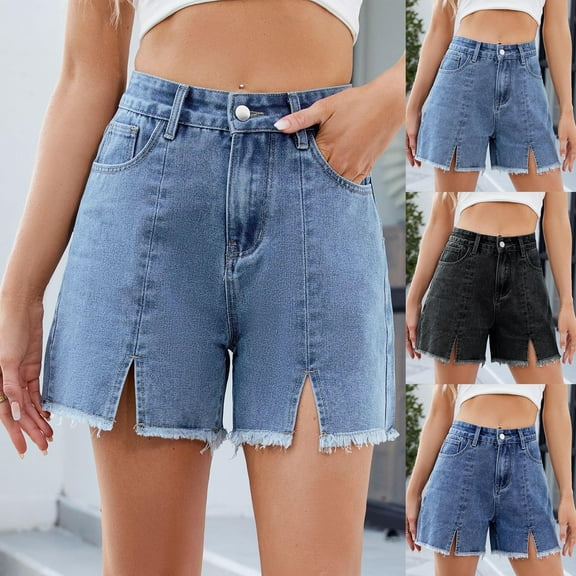 Stylish Olyvenn Women's Summer Shorts Denim Casual Wash Short with Pocket High Waist Button Y2K Beach Bottom Daily Wear Short Black L