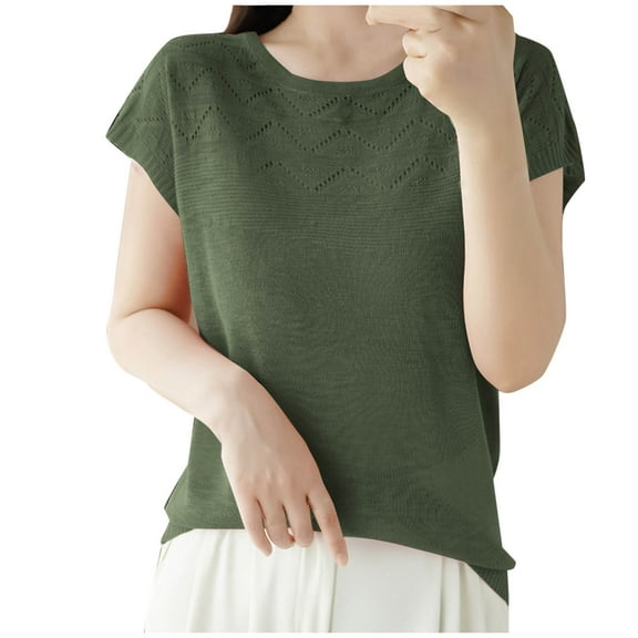 Stylish Olyvenn Women's T-Shirt Eyelet Knitwear Casual Solid Color Ladies' Tops Loose Round Neck Blouse Pullover Hollow Tees Green L