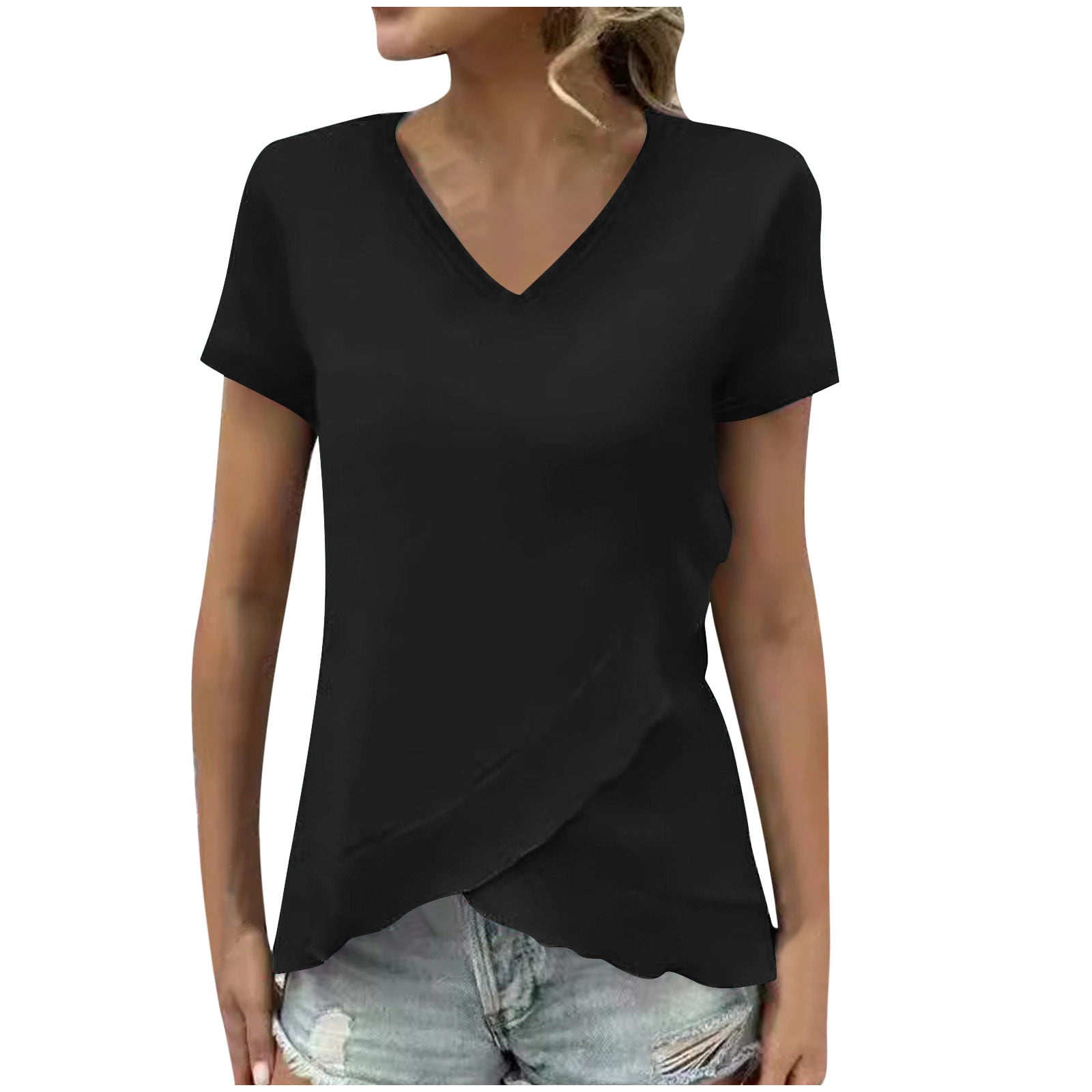 Stylish Olyvenn Women's V Neck Short Sleeve T Shirt Ruffled Irregular ...
