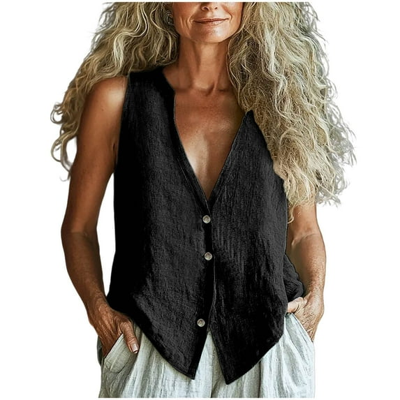 Stylish Olyvenn Womens Button Down Linen Tank Shirts Sleeveless Fashion V Neck Dressy Blouse Summer Casual Loose Tunic Top Black M