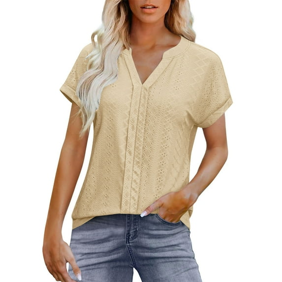 Stylish Olyvenn Womens Casual Eyelet V Neck Short Sleeve Loose Fit Tee Shirts Tunic Shirts Dressy Blouses Business Work T Shirt Beige M