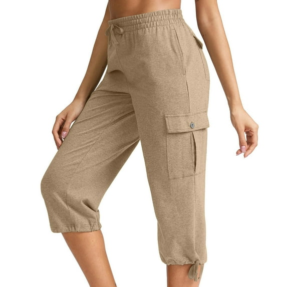 Stylish Olyvenn Womens Cotton Cargo Capris Soft Stretch Drawstring Travel Casual Capri Pants for Women with 6 Pockets Khaki XXL