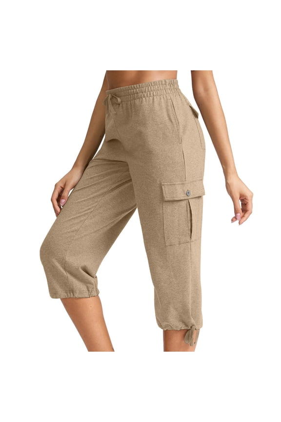 Stylish Olyvenn Womens Cotton Cargo Capris Soft Stretch Drawstring Travel Casual Capri Pants for Women with 6 Pockets Khaki XXL