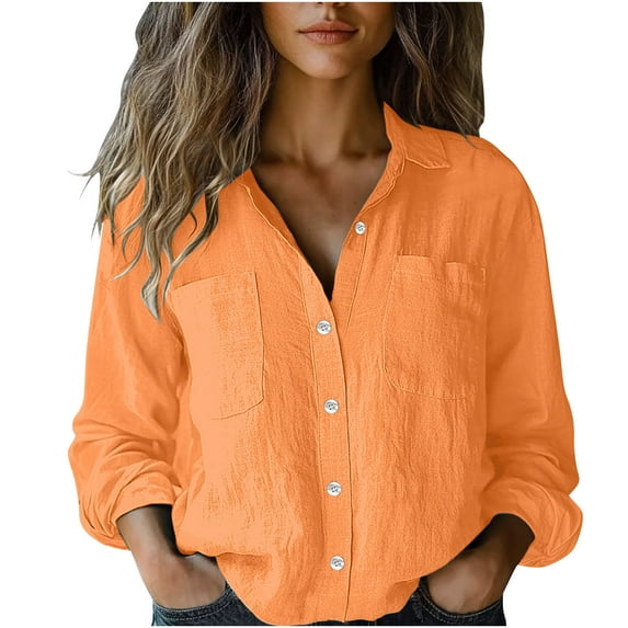 Stylish Olyvenn Womens Cotton Linen Button Down Shirt Fall Casual Long Sleeve Solid Color Shirts Loose Work Tops with Pockets Orange XL