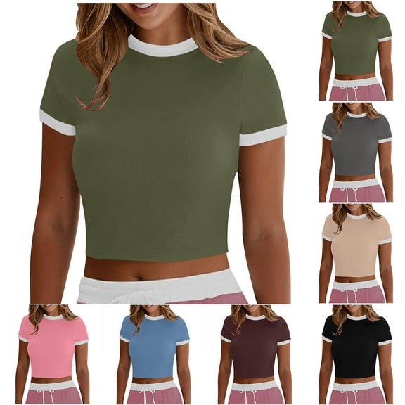 Stylish Olyvenn Womens Crop T Shirts Short Sleeves Crewneck Tops Fashion Color Block Slim Comfy Tees Fitness Basic Tee Shirts Army Green XXL