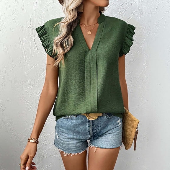 Stylish Olyvenn Womens Dressy Casual Tops Ruffle Short Sleeve Solid Color Tee Shirt Dressy V Neck Elegant Bussiness Work Tunic Top Green S