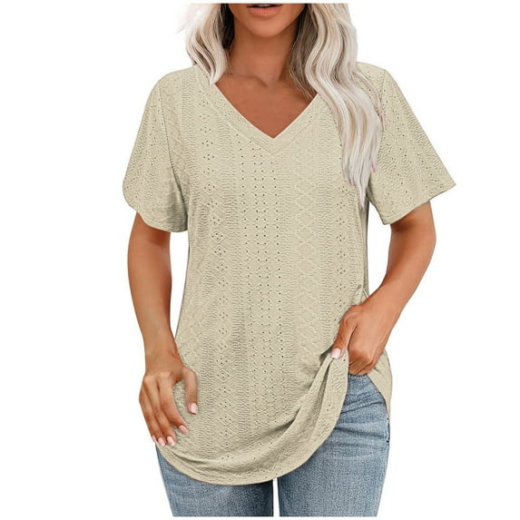 Stylish Olyvenn Womens Eyelet T Shirts V Neck Short Sleeve Casual Tops Summer Fashion Loose Fit Basic Tees with Curved Hem Beige M
