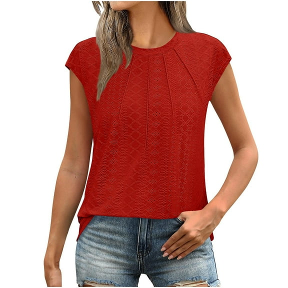 Stylish Olyvenn Womens Eyelet Tops Short Sleeve Shirts Blouses for Women Dressy Casual Cap Sleeve Tops with Curved Hem Red S