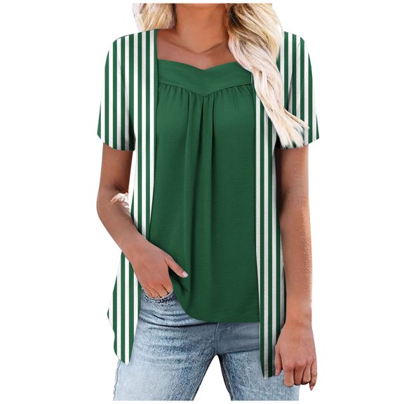 Stylish Olyvenn Womens Lace Tops Pleated Short Sleeve Striped Shirts Summer Business Casual Dressy Blouses Summer Trendy Green M