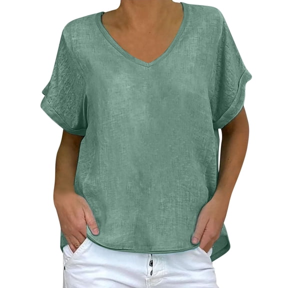 Stylish Olyvenn Womens Loose Fit T Shirts Summer Plus Size Short Sleeve Tops Casual Solid Crewneck T-Shirt Dressy Blouses Green S