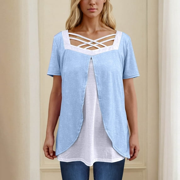 Stylish Olyvenn Womens Plus Size Tops Summer Dressy Hollow Out Boat Neck Short Sleeves Lightweight T-Shirt Color Blocked Patchwork Tee Sky Blue S