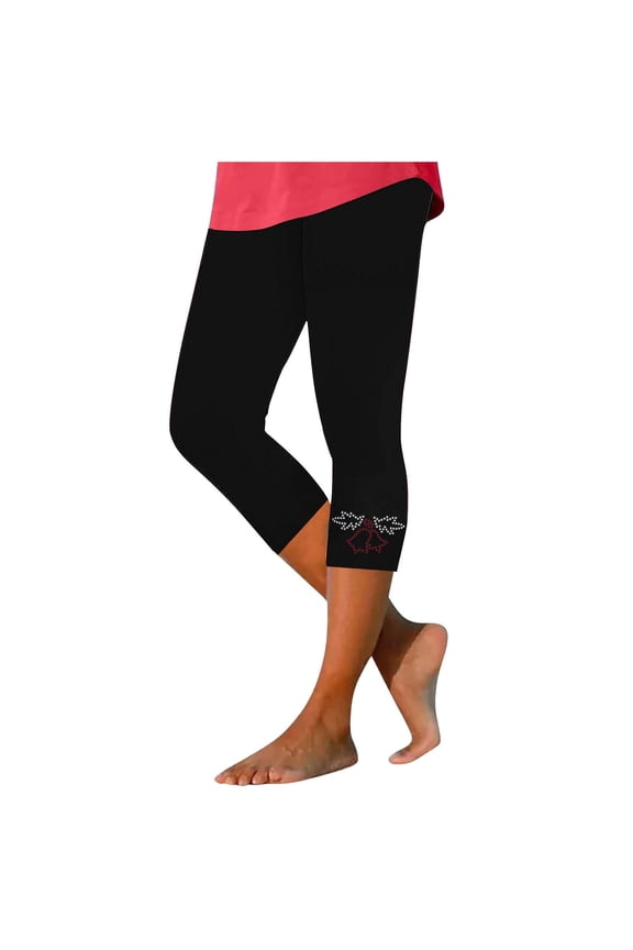 Stylish Olyvenn Womens Rhinestone Trim Capri Pants Stretchy Compression Leggings Print Pattern Yoga Pants Summer Vacation Outfits Black M