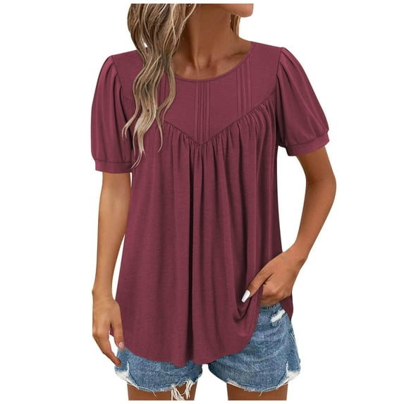 Stylish Olyvenn Womens Shirts Dressy Casual Summer Tops Puff Sleeve Work Blouses Pleated Front Trendy Tshirts Loose Fit Tunic Tops Wine S