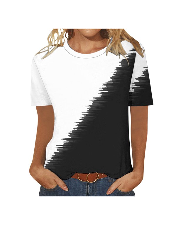 Stylish Olyvenn Womens Short Sleeve Round Neck Shirts Summer Fashion Basic Tee Trendy Contrast Color Block Tops Dressy Casual Blouses White XL