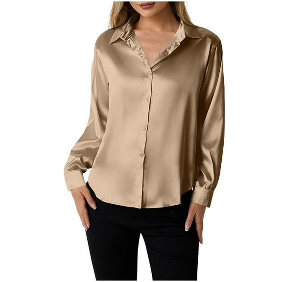 Stylish Olyvenn Womens Soft Satin Silk Leopard Button Down Shirts for Women Silky Long Sleeve Work Shirt Dress Blouses Tops Brown M
