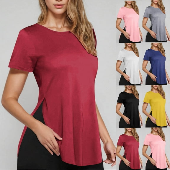 Stylish Olyvenn Womens Summer Top Slim Fitted Side Split Slit Crewneck Shirts Trendy Casual Basic Comfy Short Sleeve Tunic T Shirts Black XXL