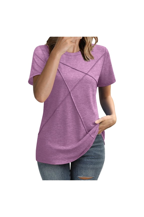 Stylish Olyvenn Womens Summer Tops Pleated Round Neck Short Sleeve Shirts Business Casual Summer Loose Fit Blouse Purple S