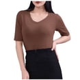 thumbnail image 1 of Stylish Olyvenn Womens Summer Tops V Neck Short Sleeve Loose Basic Tee Shirts Casual Comfy Stretch Solid Color Trendy Vacation Clothes Coffee XXL, 1 of 5