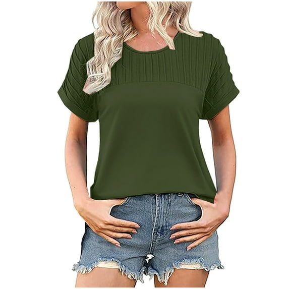 Stylish Olyvenn Womens T Shirts Casual Summer Tops Pleated Crewneck Short Sleeve Blouses Trendy Beach Vacation Clothes Green M