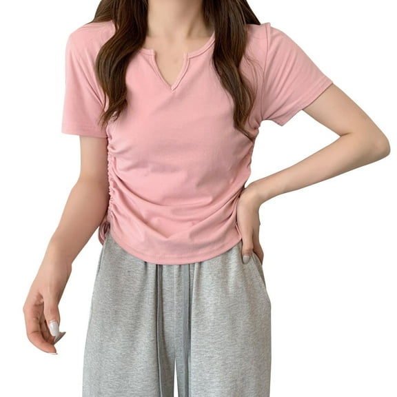 Stylish Olyvenn Womens Tops Short Sleeve T Shirts for Women Spring Summer Fashion Clothes Casual Notch V Neck Blouses Pink L