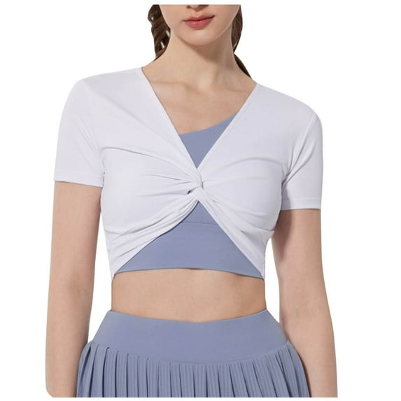 Stylish Olyvenn Workout Twist Front Crop Top for Women Short Sleeve Slim Fit Athletic Yoga Shirt Breathable Gym Running Sport Shirts White XL