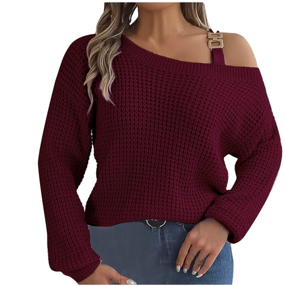 Deals One Shoulder Hollow Out Knitted Sweaters for Women Long Sleeve Solid Casual Fall Pullover Trendy Tops Wine,L