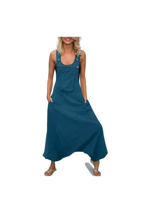 Oversized Buttons Suspender Jumpsuits for Women Square Neck Sleeveless Harems Pants Casual Loose Solid Rompers with Pocket Blue,S