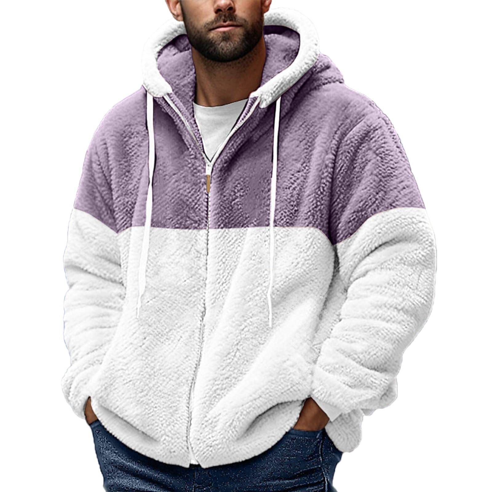 Oversized Men's Fuzzy Long Sleeve Hooded Jackets Full Zip Casual