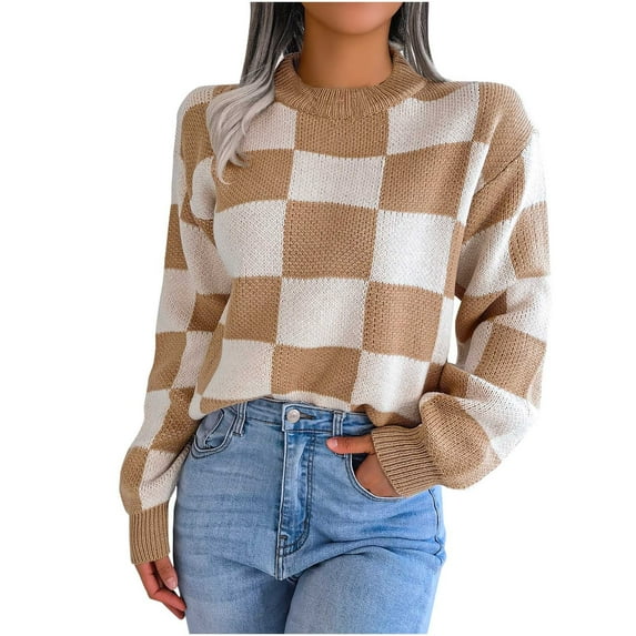 Deals Plaid Print Colorblock Knit Sweater Women Round Neck Long Sleeve Casual Sweater Tops Lightweight Comfy Pullover Jumper