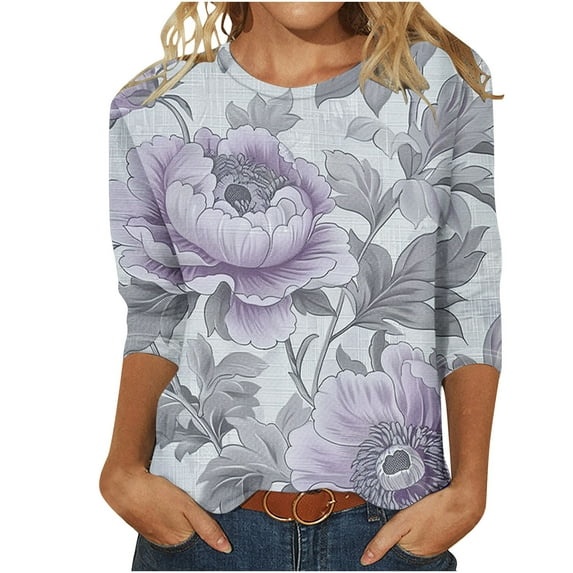 Deals Plus Size Tops For Women Vintage Printed Tunic Tops Crew Neck Pullover Sweater Blouses 3/4 Sleeve Shirts Oversized Loose Fitted Loungewear Dressy Causal Tees Going Out Work Outfits