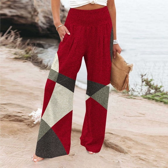 Plus Size Wide Leg Pants for Women Smocked High Waist Lounge Trousers with Pockets Color Block Linen Loose Ankle Length Pant
