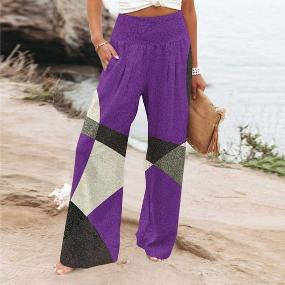 Plus Size Wide Leg Pants for Women Smocked High Waist Lounge Trousers with Pockets Color Block Linen Loose Ankle Length Pant