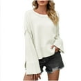 thumbnail image 1 of Pullover Crewneck Knit Cropped Sweaters Women Fashion Bell Long Sleeve Solid Color Loose Pullover Crop Tops (L, Beige), 1 of 6