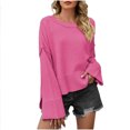 thumbnail image 1 of Pullover Crewneck Knit Cropped Sweaters Women Fashion Bell Long Sleeve Solid Color Loose Pullover Crop Tops (L, Hot Pink), 1 of 6