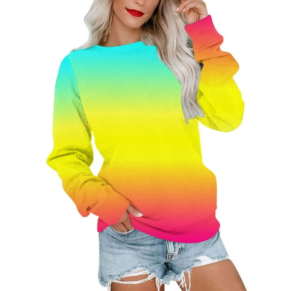 Pullover for Women Color Gradient Long Sleeve Crewneck Loose Sweatshirt Laides Fashion Jogger Workout Tops (XL, Yellow)