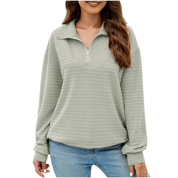 Quarter Zip Pullover Sweatshirt Women Long Sleeve Turn-down Collar Plain Pullover Textured Fall Winter Casual Tops (S, Green)