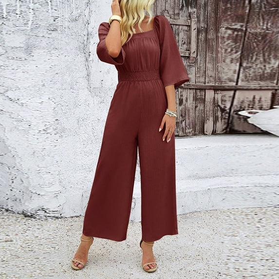 Rciityk 3/4 Sleeve Jumpsuits for Women Summer Casual Crew Neck Rompers Trendy Soild Color Straight Elastic Waist Loose Pants Overalls with Pockets