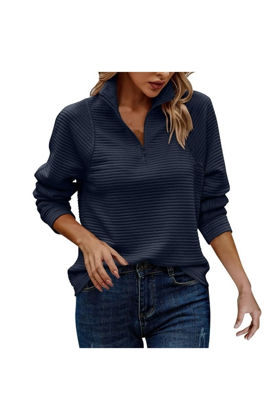 Ribbed Knit 1/4 Zip Sweatshirt Pullover Sweaters for Women Casual Solid Color Long Sleeve Quarter Zipper Fall Tops (L, Navy)