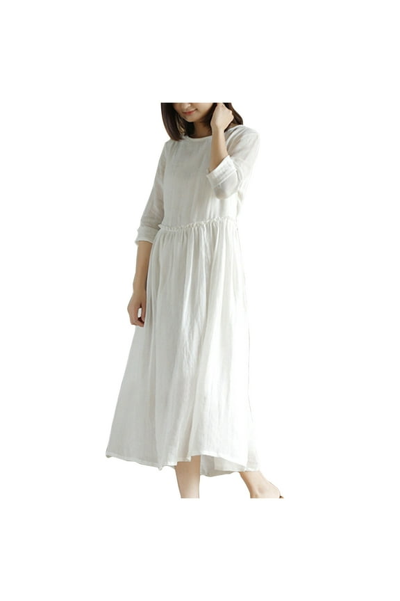 Fashion SMihono 3/4 Sleeve Cotton Maxi Dress for Womens Loose Solid Crewneck Vintage Casual Pleated Swing A-Line Dresses White L