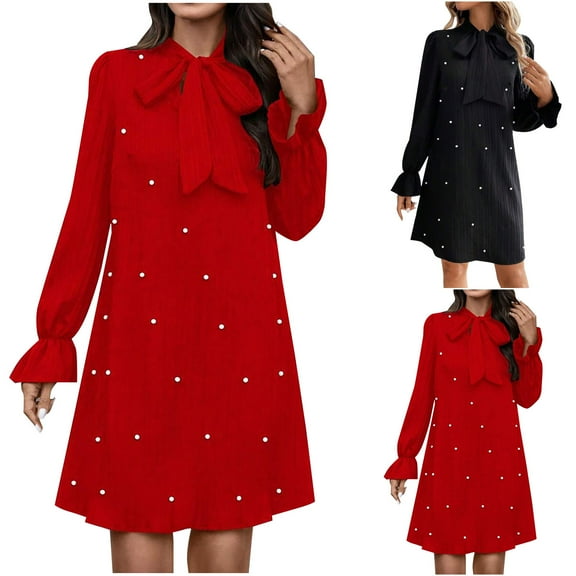 Fashion SMihono Decor Flare Mini Dress Bow Tie Front Dress Women's Plus Size Pearl Beaded Tie Neck Long Sleeve Casual Work Short Dress Red XL