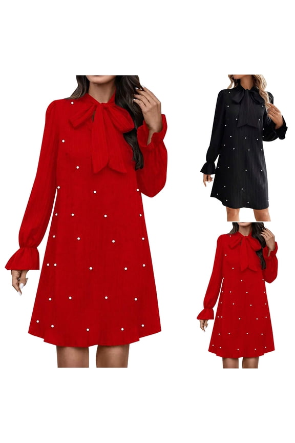 Fashion SMihono Decor Flare Mini Dress Bow Tie Front Dress Women's Plus Size Pearl Beaded Tie Neck Long Sleeve Casual Work Short Dress Red XL