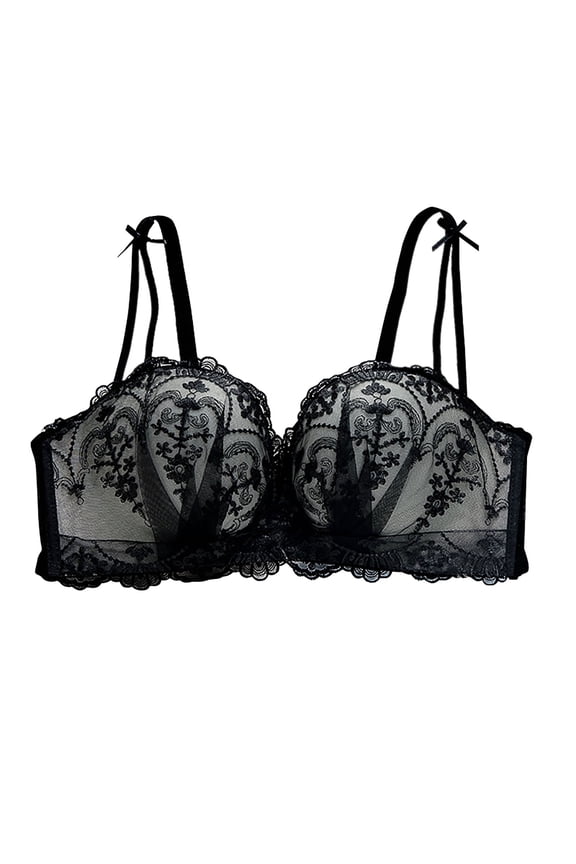 Fashion SMihono Full Coverage Push Up Bras for Women Sexy Sheer Balconette No Underwire Unlined Lace Bra Minimizer Bra for Petite Black L